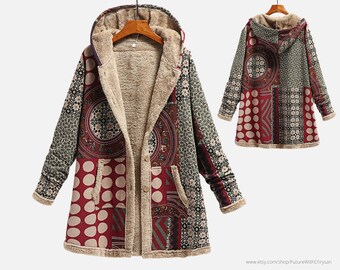 Feminine Vintage Red and Black Mix Color Coat, Multi-pocket Winter Jacket Women Oversized Overcoat, Womens Winter Coats Casual Outwear