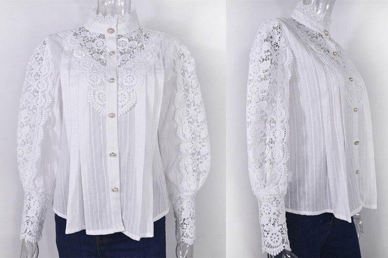 Woman Vintage Petal Sleeve Stand Collar Lace Blouse Casual - Etsy