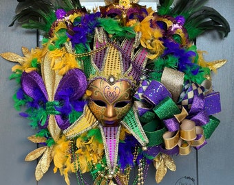 Colorful XL Mardi Gras Wreath, Jester Wreath, Venetian Mask, NOLA, Carnival Wreath, Mardi Gras Decorations, New Orleans Decor, Fat Tuesday