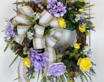 Spring Wreath, Wreath with Hydrangeas, Wreath with Roses, Country Farmhouse Wreath, Wreath with Birds