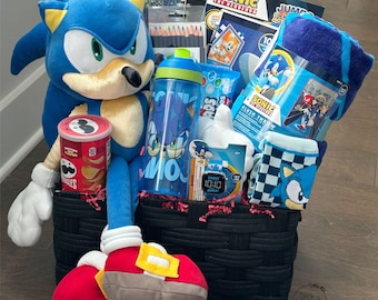 Cesta de regalo grande inspirada en Sonic, cumpleaños de niño, cumpleaños de niña, peluche, acogedora manta hygge, mejórate pronto, buen trabajo, paquete de cuidado infantil