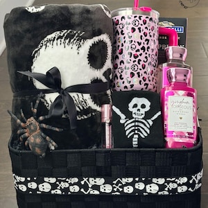 Pink Halloween Boo Basket, Spooky Skull Blanket Box, Spa Gift, Creepy Skeleton Socks, Tween Care Package, Teen Summerween, Fall Gift Set
