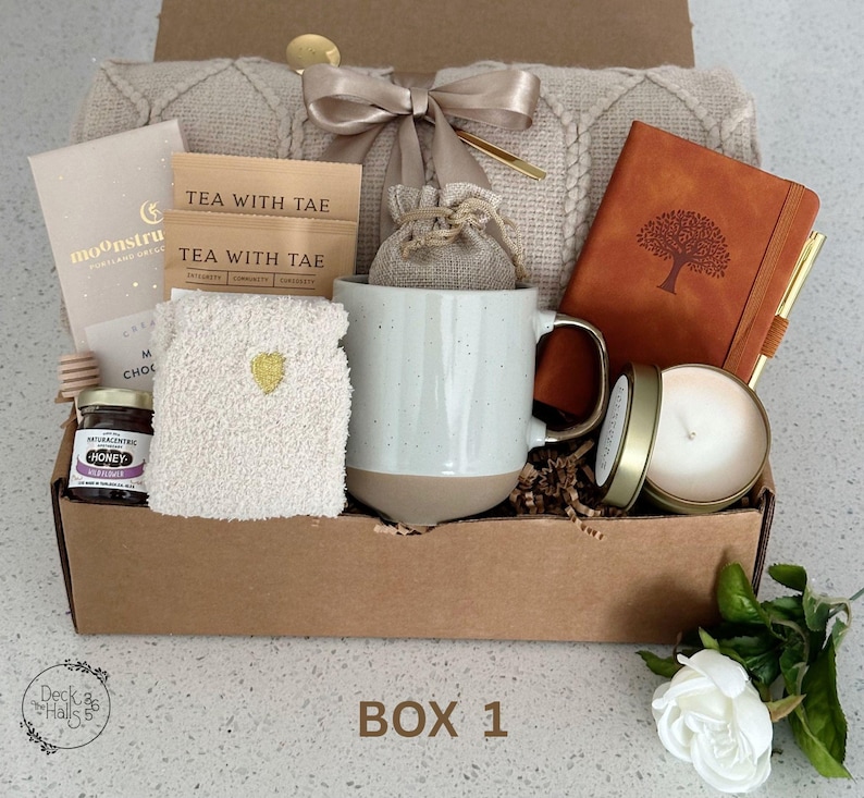 Caja de regalo de condolencias, paquete de abrazos, pensando en ti, regalo de duelo, caja de regalo hygge con manta, consuelo, regalo de ánimo Box 1
