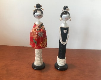 Set of 2 Vintage Faux Pearl Kokeshi - Made in Japan