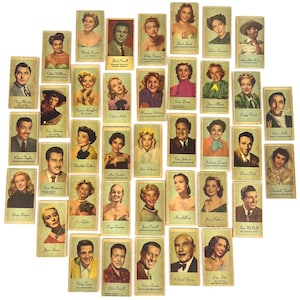May include: A collection of rectangular vintage trading cards featuring sepia-toned and color portraits of various mid-century celebrities and actors. Each card includes a printed name and professional affiliation at the bottom of the portrait.