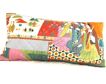 Funda de almohada de diseño - (1) 30 x 60 cm - Estampado indio de diseño con reverso de lino dorado - SOLO FUNDA