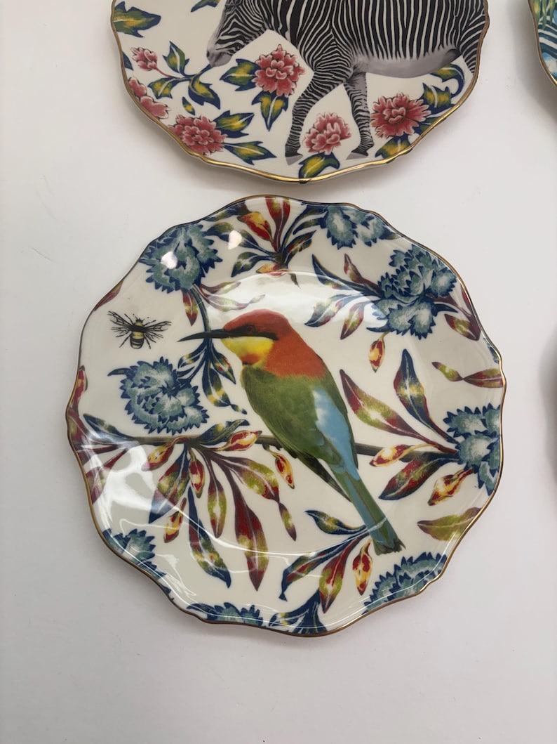 Puede incluir: Platos decorativos de cer&aacute;mica con borde festoneado. Uno presenta un p&aacute;jaro colorido posado en una rama con detalles florales azules. Otro muestra un dise&ntilde;o de cebra con detalles florales rojos. Ambos platos tienen un borde dorado.