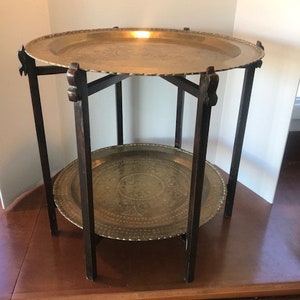 Vintage 2 Tiered Moroccan Brass Table, Brass Tea Tray Table, Engraved Brass Folding Table, Moorish Brass Table