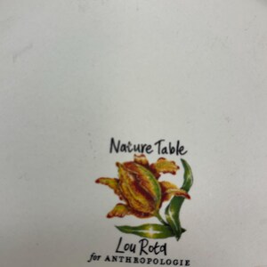 Puede incluir: Plato de cer&aacute;mica blanca con un dise&ntilde;o floral y texto que dice "Nature Table" y "Lou Rota for Anthropologie". El dise&ntilde;o floral presenta una flor amarilla y roja con hojas verdes.