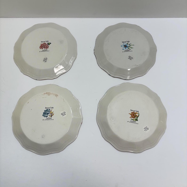 Puede incluir: Cuatro platos de cer&aacute;mica blanquecina con bordes festoneados. Cada plato presenta un dise&ntilde;o floral diferente en el centro, con el texto "Nature's Table" y "Jim Eder". Los platos est&aacute;n dispuestos sobre una superficie blanca.
