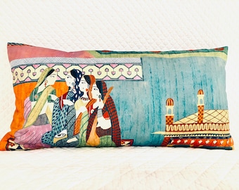 Funda de almohada de diseño - (1) 30 x 60 cm - Estampado indio de diseño con reverso de shantung verde azulado - SOLO FUNDA