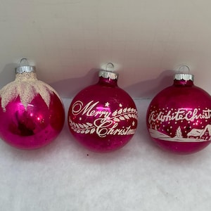 3 Vintage pink Shiny Brite ornaments, stenciled mercury glass, Merry Christmas, White Christmas ornaments, vintage glass ornaments