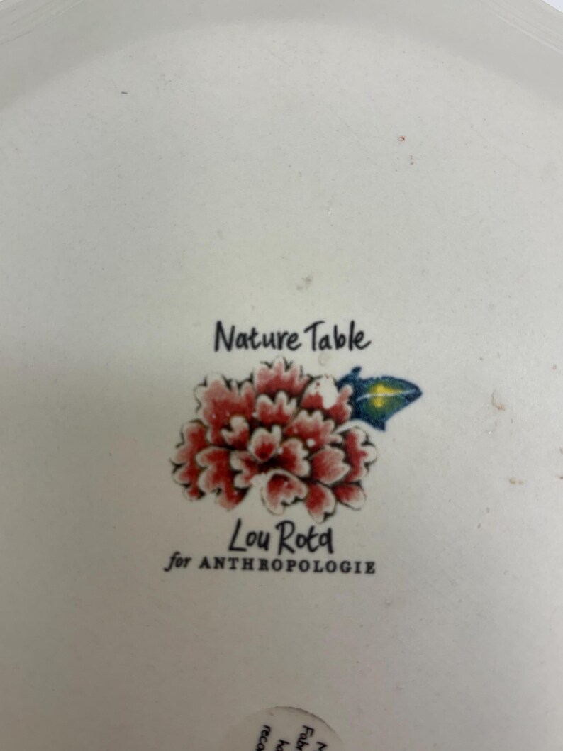 Puede incluir: Un plato de cer&aacute;mica blanco con un dise&ntilde;o floral y el texto "Nature Table" y "Lou Rota for Anthropologie". El dise&ntilde;o floral presenta p&eacute;talos rojos y rosas con un acento azul y amarillo.