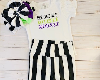 Beetle Juice, Zwart en wit, Striemen, Bell bottoms, Bow wrap, Halloween, Babymeisje, Peuter, Optocht, Verjaardag, Romper, Outfit, Val