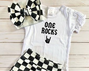 One Rocks, Geruit, Buiks, Shorts, Babymeisje, Verjaardag, Eerste verjaardag, Rock on, Boog, 1e verjaardag, Feest, Outfit, Romper, Shirt,