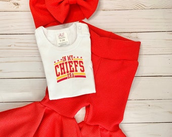 Football, Kansas City, Chiefs, Outfit, Toddler, Girls, Baby girl, Bell bottoms, Bow wrap, Sports, Red, Shirt, Hairbow, Set, Newborn,