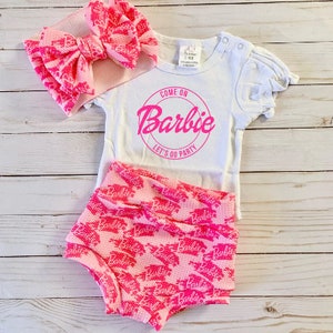 Pink doll, Bummies, Shorts, Baby girl, Birthday, Outfit, Party, Doll party, Pink bow, Bodysuit, Bow wrap, Hair bow,