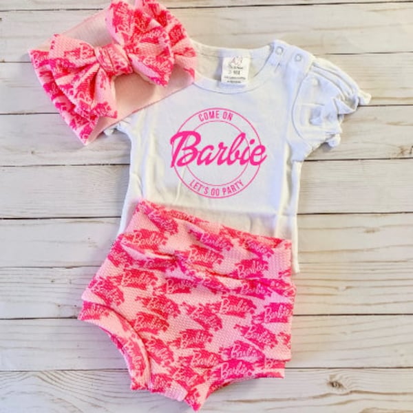 Pink doll, Bummies, Shorts, Baby girl, Birthday, Outfit, Party, Doll party, Pink bow, Bodysuit, Bow wrap, Hair bow,