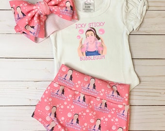 Ms Rachel, Icky Sticky, Bubblegum, Birthday, Babygirl, Bummies, Bow, Toddler, Pink, Balloons, Shorts, Shirt, Infant, Outfit, Photo wear