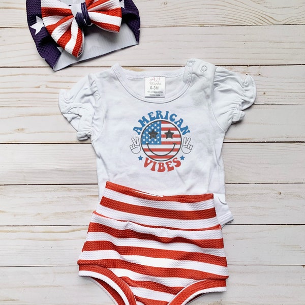 American vibes, Fourth of July, Bummies, Baby girl, Shorts, Peace sign, Outfit, Pageant, Bow wrap, Set, Shirt, Bodysuit, Infant, Photo wear