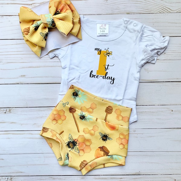 Bee day, First, Birthday, Bumble bee, Honey, Birthday, 1st bday, Bummies, Baby girl, Baby boy, Bow, Party, Shorties, Bodysuit, Birthday wear