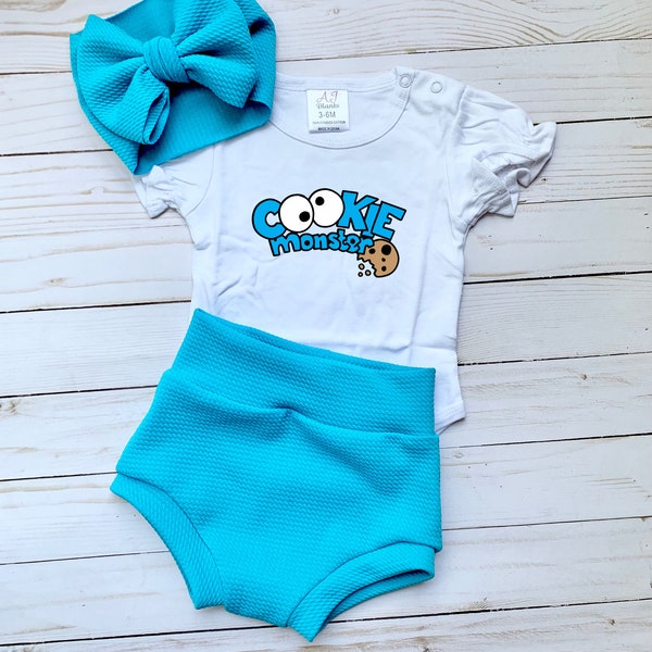 Cookie monster, Birthday, Blue bummies, Baby girl, Baby boy, Cookies, Cake smash outfit, Shorts, First birthday, Bow wrap, Bodysuit