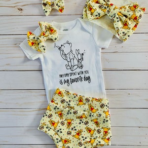 Bear bummies, Bear and honey, Shorties, Preemie, Baby girl, Baby boy, Birthday wear, Winnie, Winnie bow, Newborn, Photo wear, bodysuit