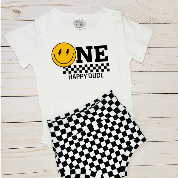 One happy dude, First birthday, Checkerboard, Skater, Smiley, Smashcake, Bodysuit, Bummies, Shorts, Baby boy, Toddler, Infant, One