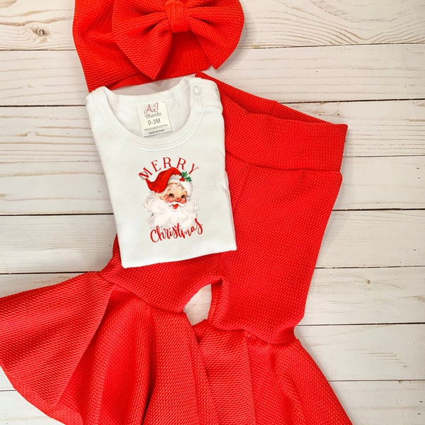 Merry Christmas, Santa, Red bells, Baby girl, Outfit, Bodysuit, Pageant, Bow wrap, Red, Photo wear, Toddler, Bell bottoms, Flare, Christmas