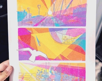 May include: A colorful print depicting a seaside scene in three panels. The top panel shows a pier with streetlights and a ship. The middle panel features a seagull in flight. The bottom panel shows two people embracing. The artwork uses yellow, orange, pink, and blue.