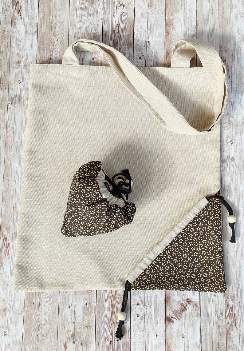 Foldable cotton tote bag Shopping bag Zero waste Noir / moutarde