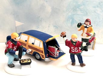 New Snow Village BEFORE The BIG GAME football, set of 4 plus team flags, Department 56,  55019, never displayed, original box, Dept 56