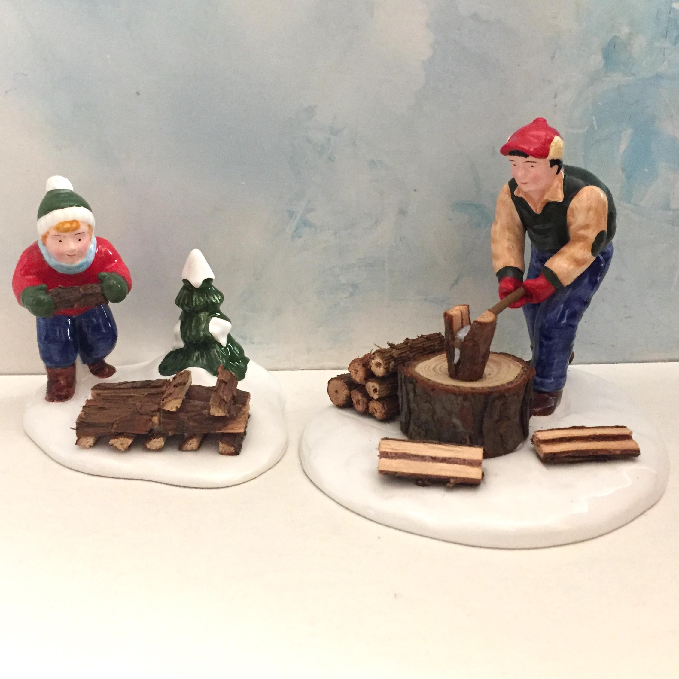 New Department 56 CHOPPING FIREWOOD father and son,  54863  Snow Village Accessory, never displayed, original box