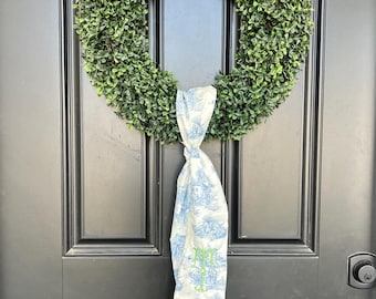 Blue Chinoiserie Wreath Sash Monogrammed Front Door Decor Grandmillennial Style Hostess Gift Idea