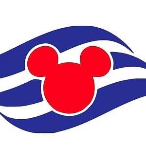 May include: A blue and white stylized wave design with a red Mickey Mouse head in the center.