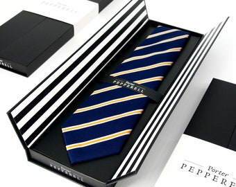 Fully Seven-Fold Navy + Yellow Stripe Woven Mulberry Silk Tie 7 Porter Pepperell