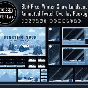Paquete de superposición animada para Twitch de paisaje nevado invernal de 8 bits