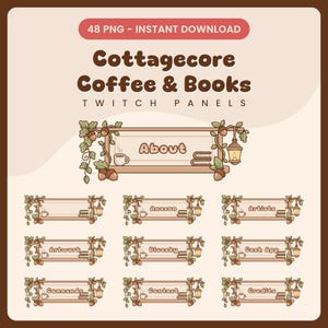 May include: A digital download graphic set for Twitch panels. The design features a cottagecore theme with coffee, books, and botanical elements. Panels include "About", "Amazon", "Artists", "Artwork", "Bluesky", "Cash App", "Commands", "Contact", and "Credits".