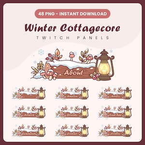 May include: A digital download graphic set with a winter cottagecore theme. The set includes panels with text such as "About", "Amazon", and "Artists". Each panel features a log with mushrooms, berries, and a lantern.