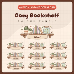 Op de afbeelding: Een digitale download grafische set met een gezellig boekenplankontwerp. De afbeelding toont een houten plank met boeken, potplanten en potten met vuurvliegjes. Tekst bevat "Cozy Bookshelf" en verschillende Twitch panel titels.