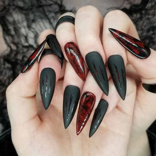 Press On Nails Scratched Black Red Green Cybergoth Fake Etsy Uk