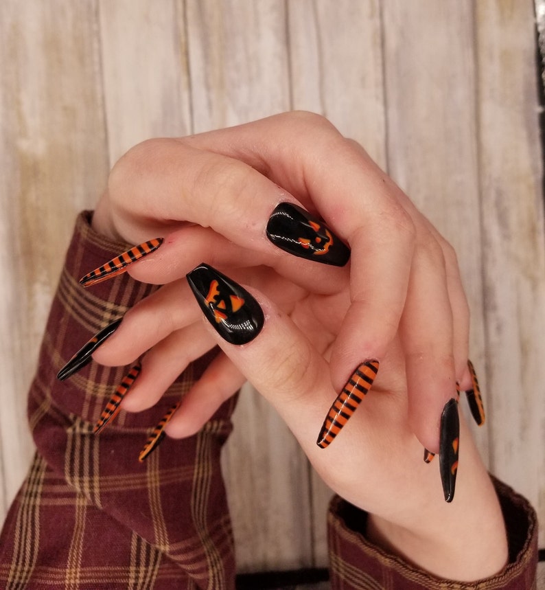 Halloween Jack O' Lantern Nails Spooky Nails Cute Etsy