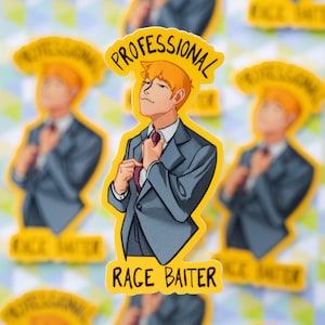 May include: A sticker showing an illustration of a person in a suit, adjusting their tie. The sticker has the text "PROFESSIONAL" above the person's head and "RACE BAITER" below. The background is a repeating pattern of the same sticker.