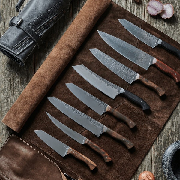 Rouleau de couteaux en cuir MAGNÉTIQUE • Cadeau personnalisé • S'adapte à toutes les tailles d'outils • Poignée et sangle de transport haut de gamme • Sac robuste • Cadeau pour les chefs