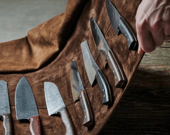 Unique KNIFE ROLL • High quality brown leather bag for Chefs • Adaptable for different sizes • Magnetic Non-Slip • 10 Knife Slots