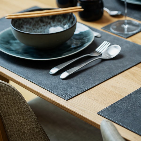 Black Genuine Leather Rectangular Placemats • Personalized • Waterproof and Robust • Oil Absorbent •  For Bar and Dining