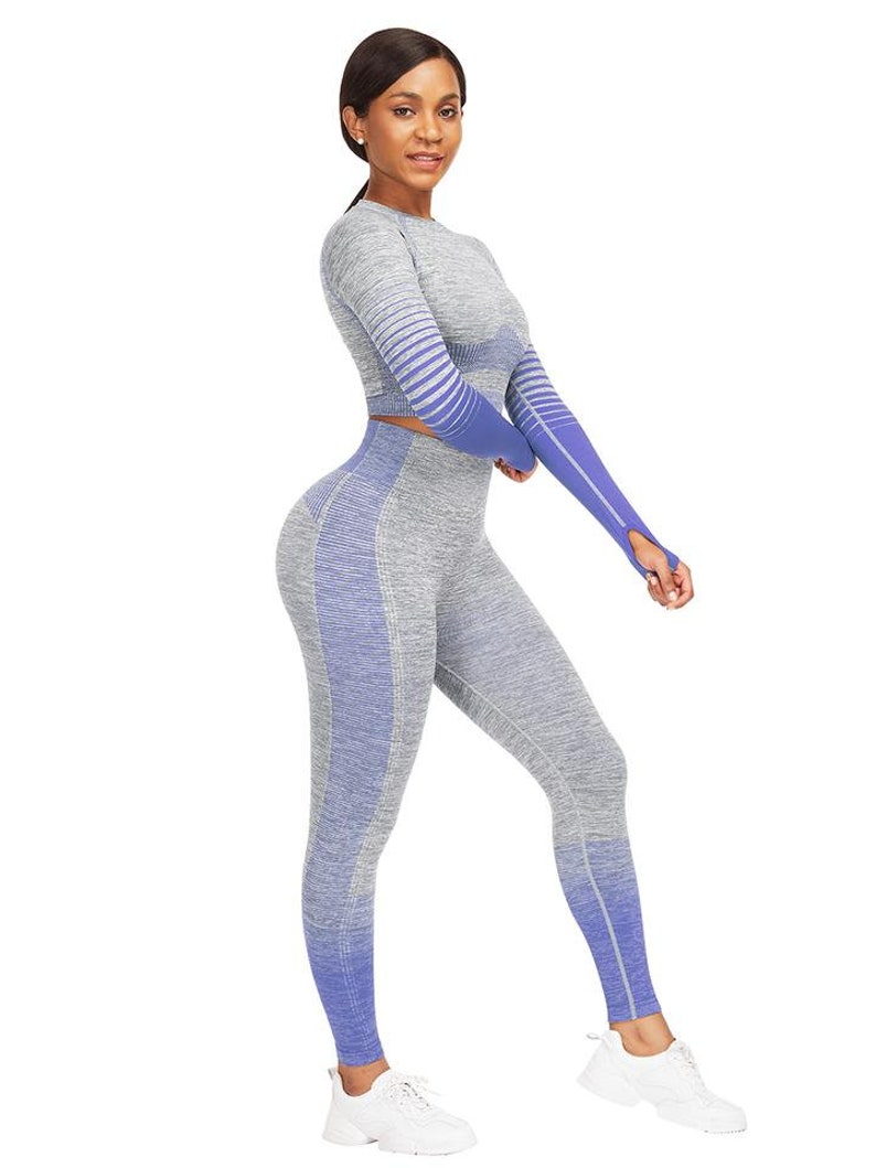 Body Blue Long Sleeve Thumbhole Crop Top Full Length Leggings Exercise Outfit