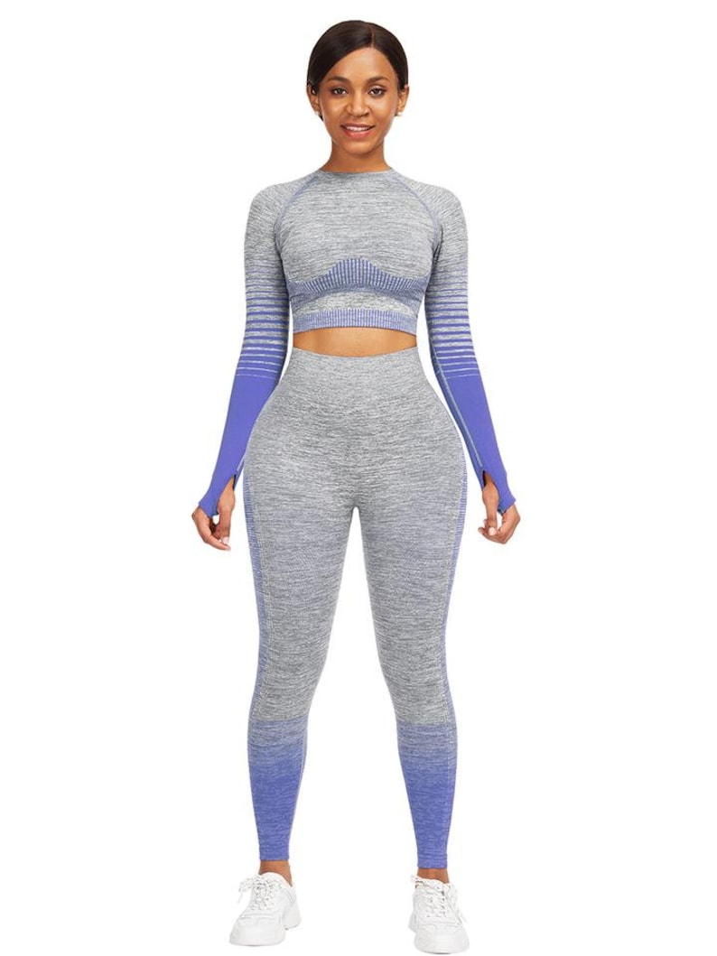Body Blue Long Sleeve Thumbhole Crop Top Full Length Leggings Exercise Outfit