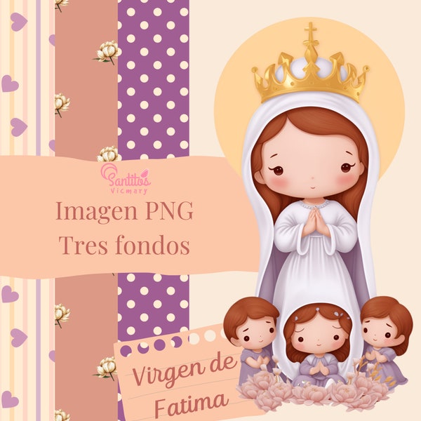 Virgen de Fátima con niños,  Descarga Digital - Clipart, 3 Papeles Ilustrados Combinables, dibujo descargable de nuestra señora de Fatima