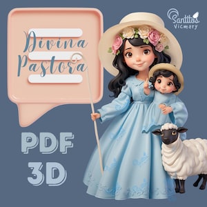 Illustration der Divina Pastora 2024 / Herunterladbares PNG für 3D-Projekte, Karten und Lithografien, Divina Pastora Elegantes hellblaues Kleid"